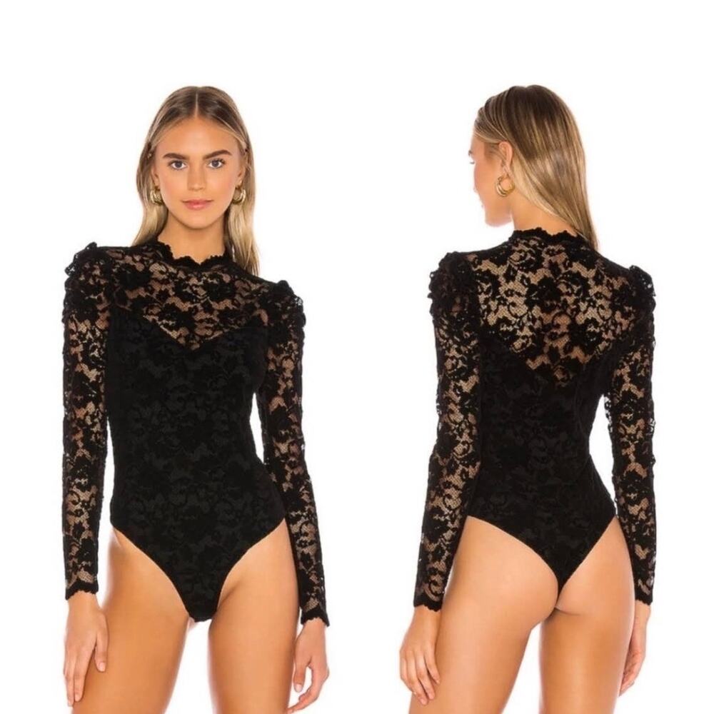 Saylor Maisy High Neck Lace Overlay Bodysuit Sz XS Black Velvet Romantic Women's